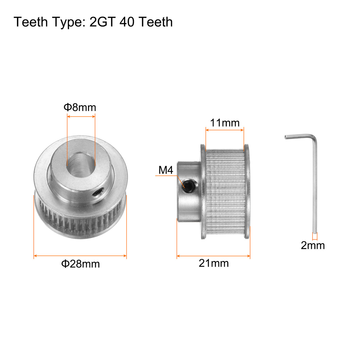 Harfington 2Stk 2GT Umlenkrolle 40 Zähne 8mm Bohrung 28mm Durchm. Aluminum Zahnriemen mit 2mm Sechskant Schlüssel für 10mm Breite Gürtel 3D Drucker CNC Maschine Zubehör Silberton