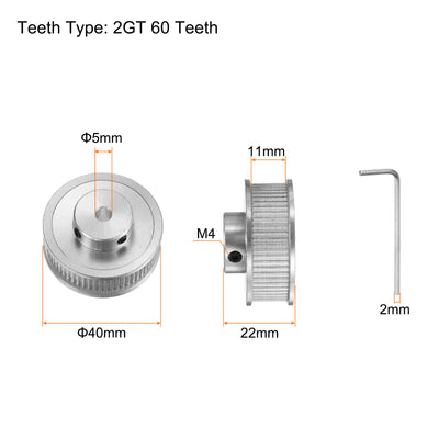 Harfington 2Stk 2GT Umlenkrolle 60 Zähne 5mm Bohrung 40mm Durchm. Aluminum Zahnriemen mit 2mm Sechskant Schlüssel für 10mm Breite Gürtel 3D Drucker CNC Maschine Zubehör Silberton