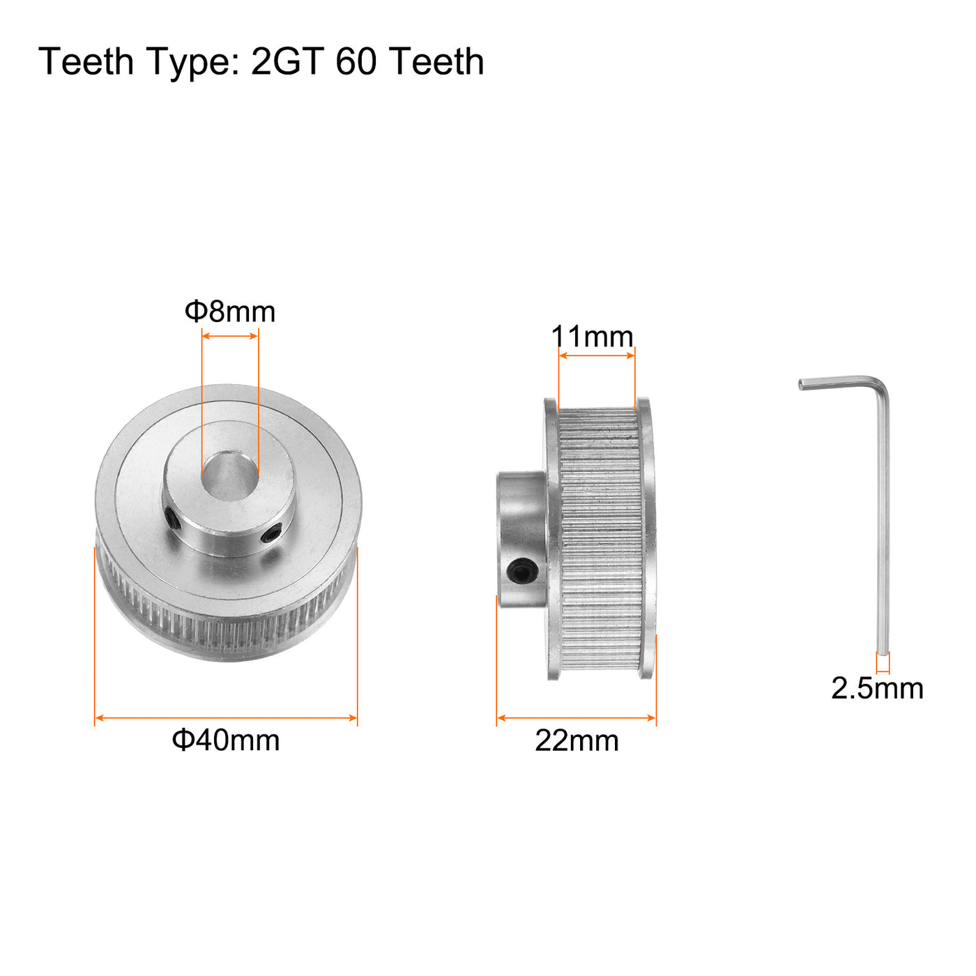 Harfington 2Stk 2GT Umlenkrolle 60 Zähne 8mm Bohrung 40mm Durchm. Aluminum Zahnriemen mit 2mm Sechskant Schlüssel für 10mm Breite Gürtel 3D Drucker CNC Maschine Zubehör Silberton