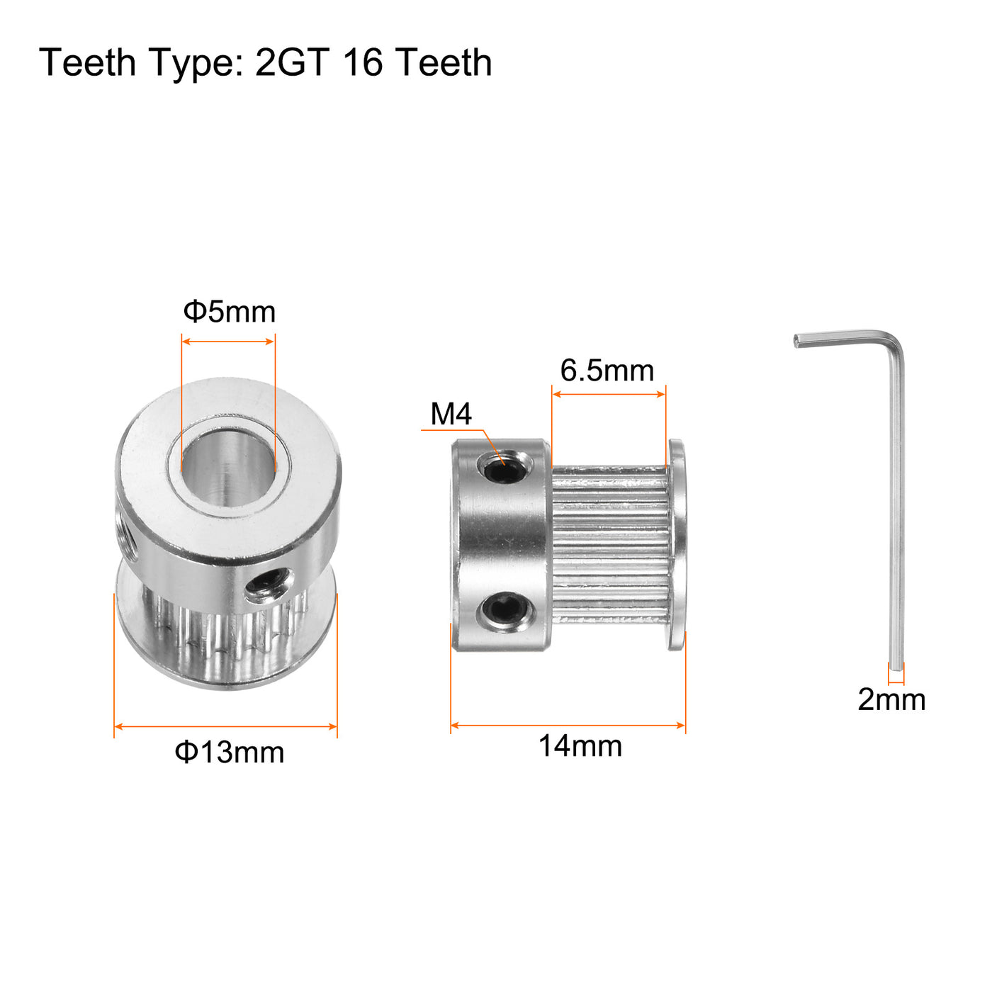 Harfington 10pcs 2GT Idler Pulley 16T 5mm Bore 13mm Dia.6mm Width Belt with 2mm Spanner