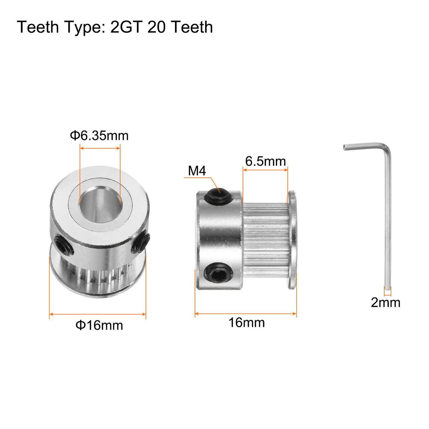 Harfington 10pcs 2GT Idler Pulley 20T 6.35mm Bore 16mm Dia. 6mm Width Belt with 2mm Spanner