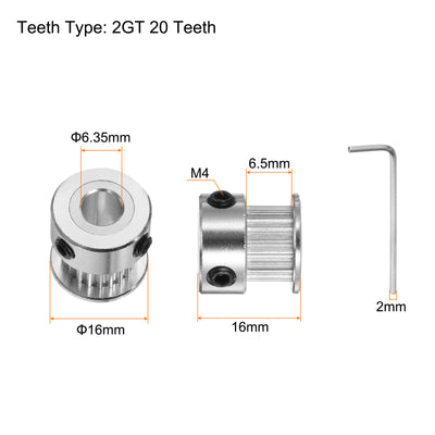 Harfington 10Stk 2GT Umlenkrolle 20 Zähne 6.35mm Bohrung 16mm Durchm. Aluminum Zahnriemen mit 2mm Sechskant Schlüssel für 6mm Breite Gürtel 3D Drucker CNC Maschine Zubehör Silberton