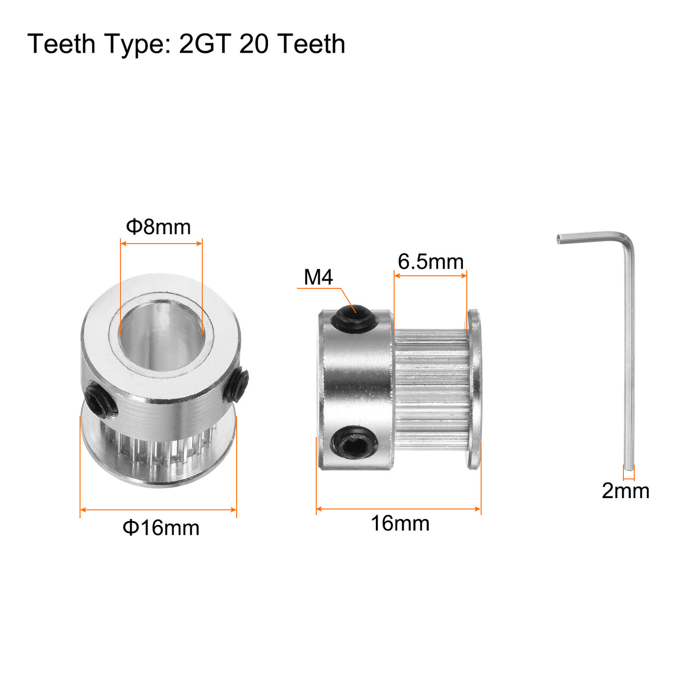 Harfington 10pcs 2GT Idler Pulley 20T 8mm Bore 16mm Dia.6mm Width Belt with 2mm Spanner