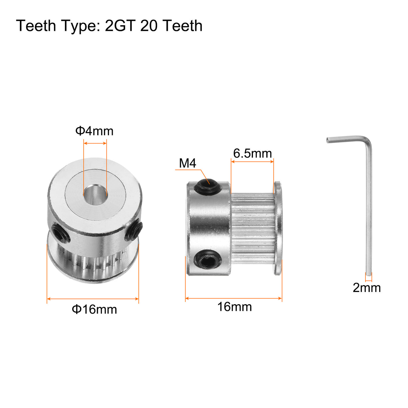 Harfington 10Stk 2GT Umlenkrolle 20 Zähne 4mm Bohrung 16mm Durchm. Aluminum Zahnriemen mit 2mm Sechskant Schlüssel für 6mm Breite Gürtel 3D Drucker CNC Maschine Zubehör Silberton