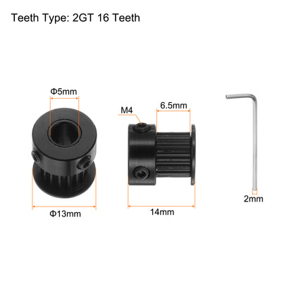 Harfington 10pcs 2GT Idler Pulley 16T 5mm Bore 13mm Dia.6mm Width Belt W 2mm Spanner, Black