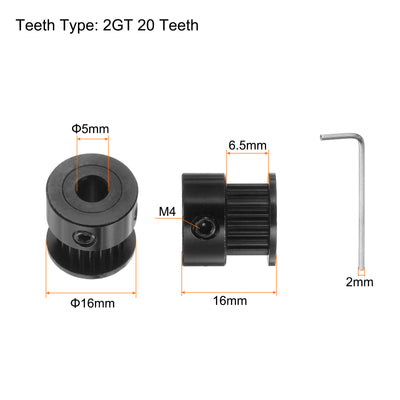 Harfington 10Stk 2GT Umlenkrolle 20 Zähne 5mm Bohrung 16mm Durchm. Aluminum Zahnriemen mit 2mm Sechskant Schlüssel für 6mm Breite Gürtel 3D Drucker CNC Maschine Zubehör Schwarz