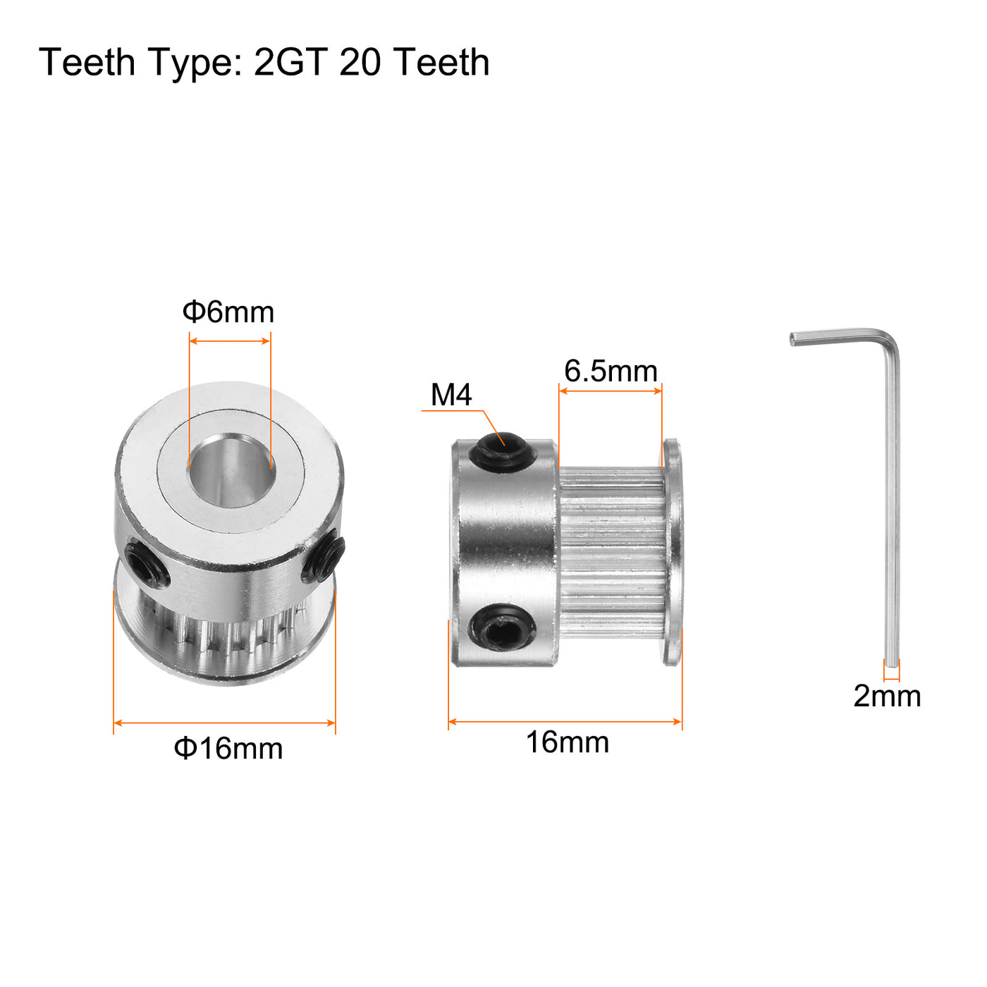 Harfington 10pcs 2GT Idler Pulley 20T 6mm Bore 16mm Dia.6mm Width Belt with 2mm Spanner