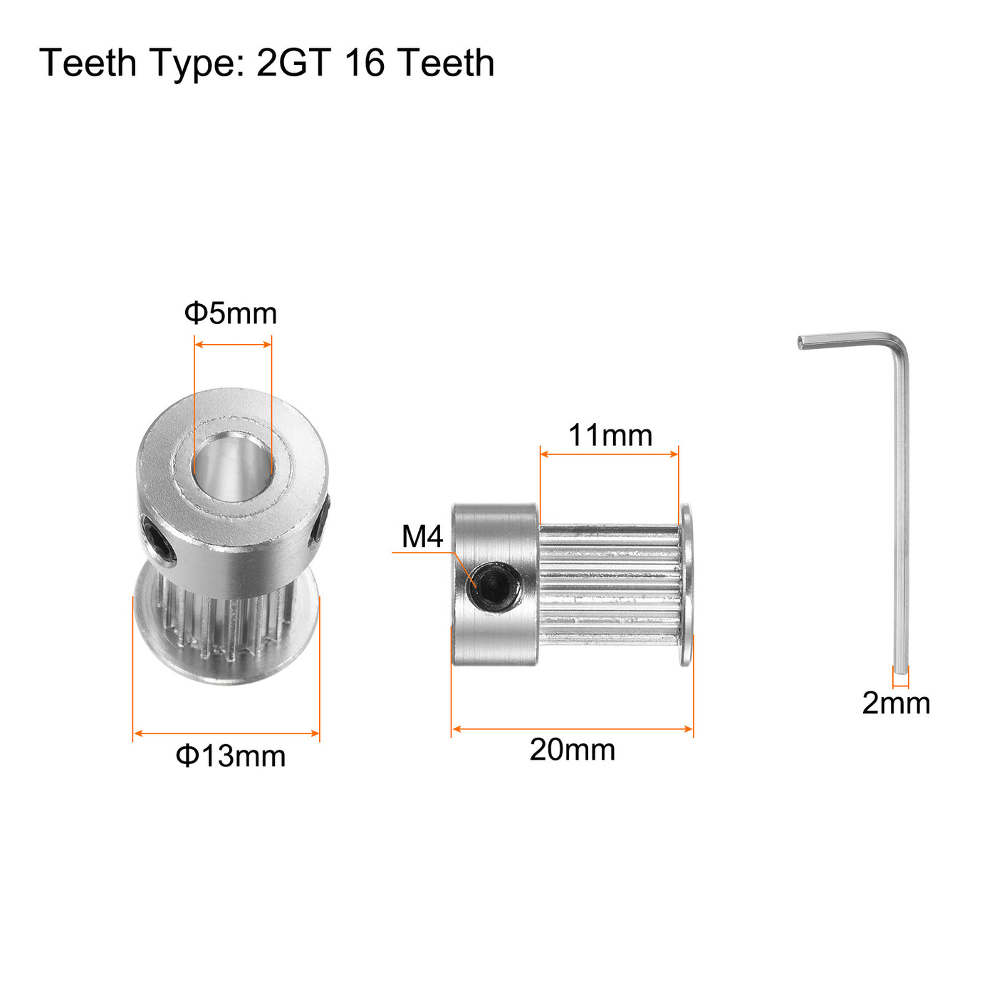 Harfington 10pcs 2GT Idler Pulley 16T 5mm Bore 13mm Dia.10mm Width Belt with 2mm Spanner