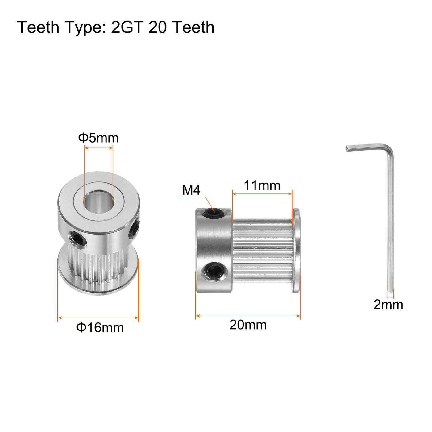 Harfington 10pcs 2GT Idler Pulley 20T 5mm Bore 16mm Dia.10mm Width Belt with 2mm Spanner