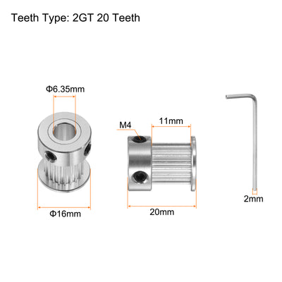 Harfington 10Stk 2GT Umlenkrolle 20 Zähne 6.35mm Bohrung 16mm Durchm. Aluminum Zahnriemen mit 2mm Sechskant Schlüssel für 10mm Breite Gürtel 3D Drucker CNC Maschine Zubehör Silberton