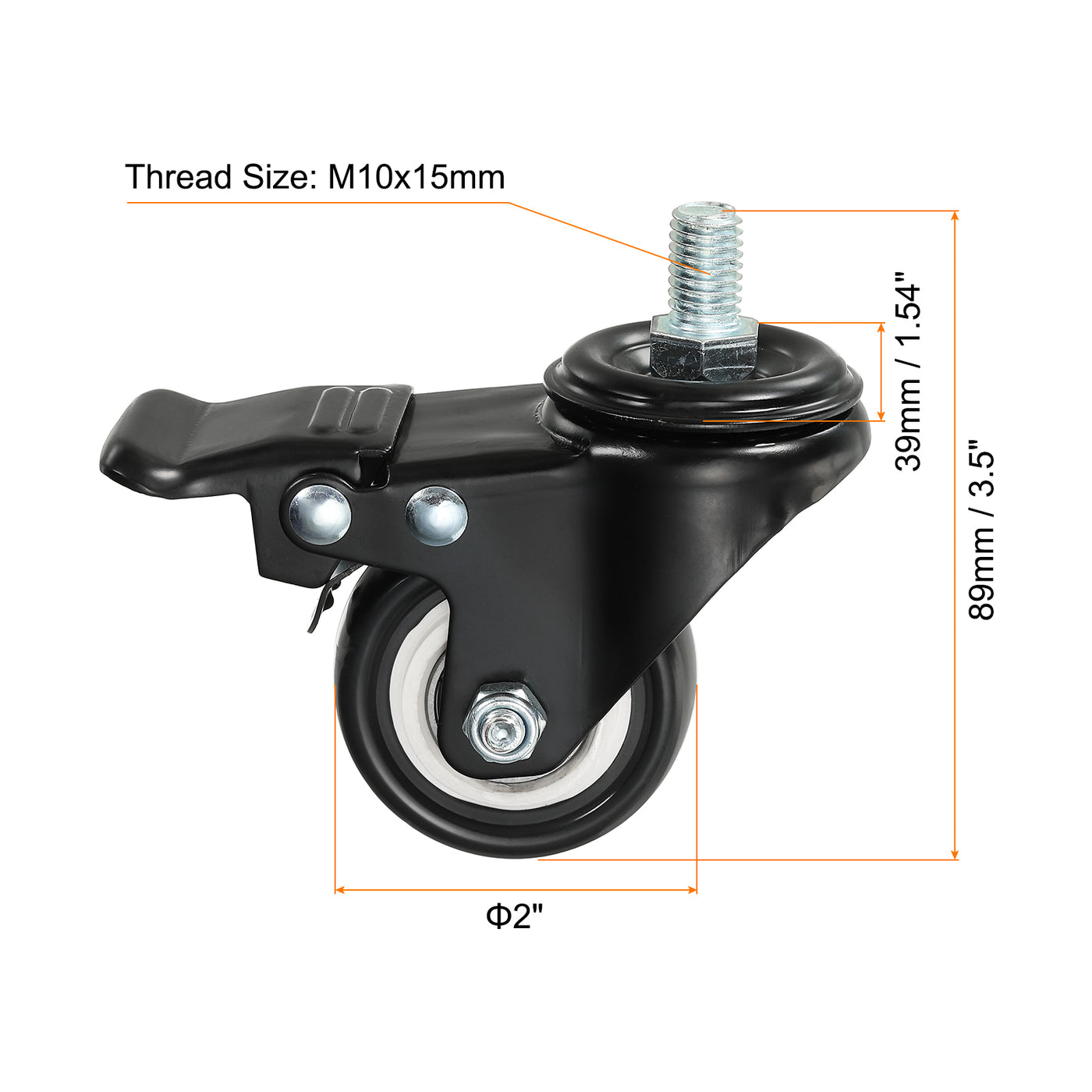 uxcell Uxcell 2 Inch Swivel Threaded Stem Casters M10x15mm Thread PU Caster Wheel with Brake 110lbs Load for Furniture Carts, Black 4pcs