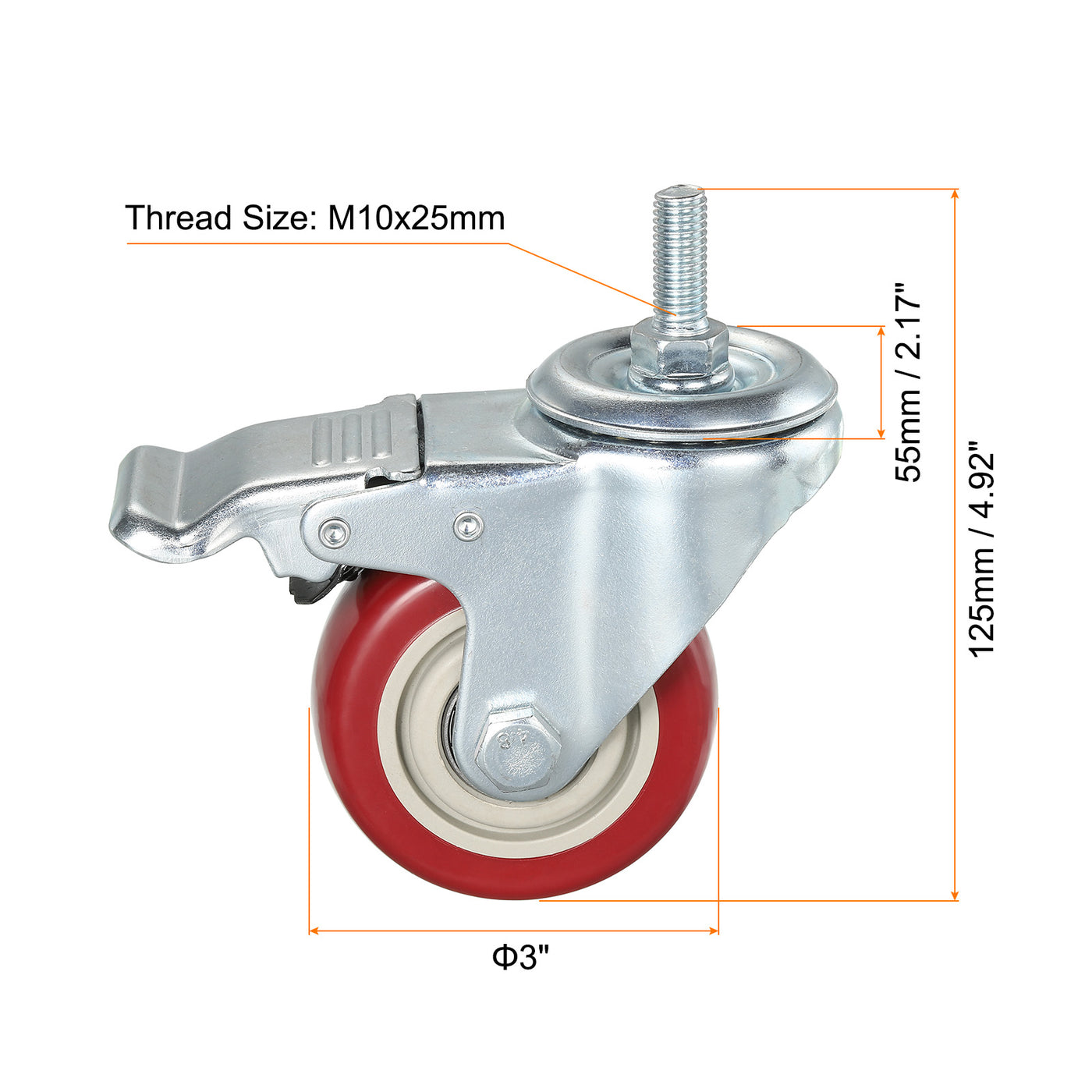 uxcell Uxcell 3 Inch Swivel Threaded Stem Casters M10x25mm Thread PU Caster Wheel with Brake 88lbs Load for Furniture Carts, Red 4pcs