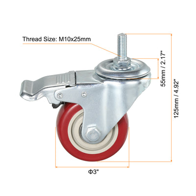 Harfington Uxcell 3 Inch Swivel Threaded Stem Casters M10x25mm Thread PU Caster Wheel with Brake 88lbs Load for Furniture Carts, Red 4pcs