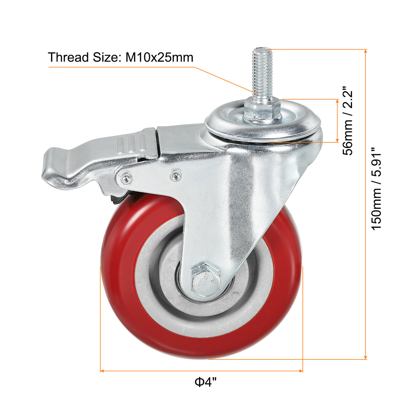 uxcell Uxcell 4 Inch Swivel Threaded Stem Casters M10x25mm Thread PU Caster Wheel with Brake 88lbs Load for Furniture Carts, Red 4pcs