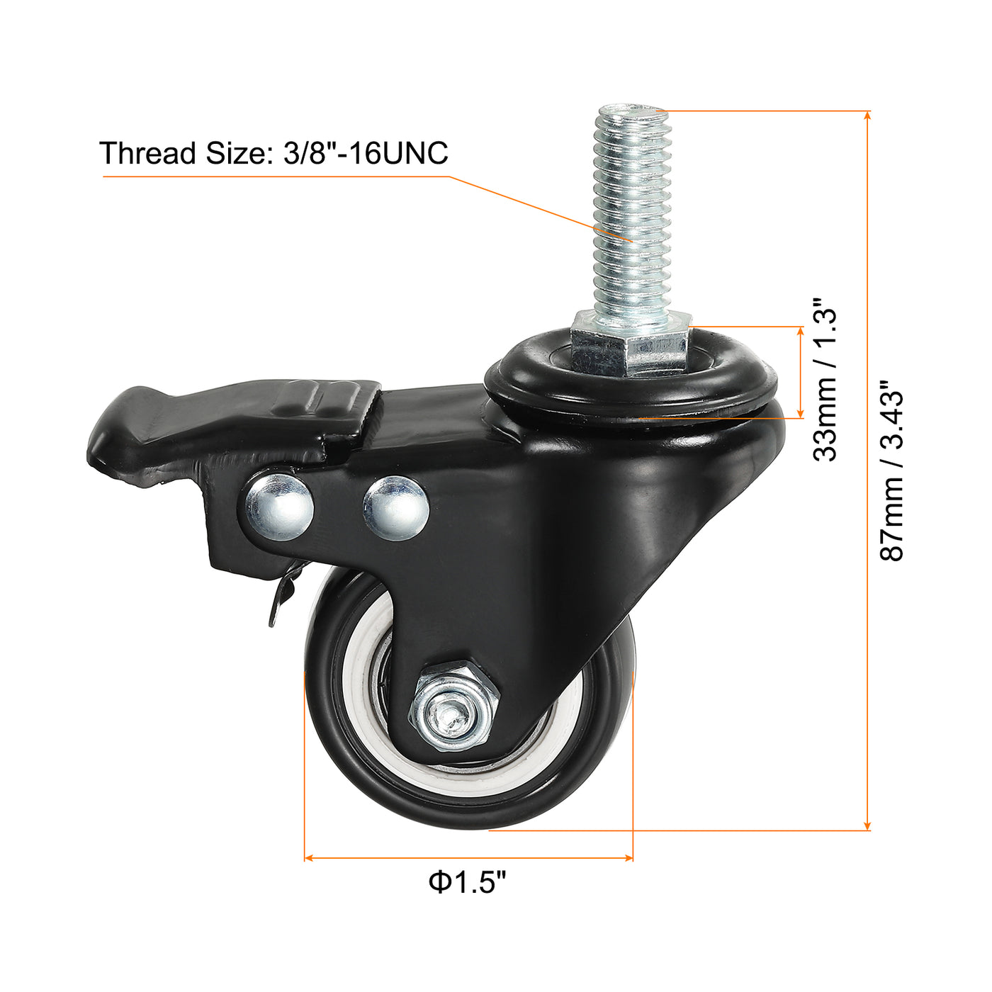 uxcell Uxcell 1.5 Inch Swivel Threaded Stem Casters 3/8"-16UNC Thread PU Caster Wheel with Brake 88lbs Load for Furniture Carts, Black 4pcs