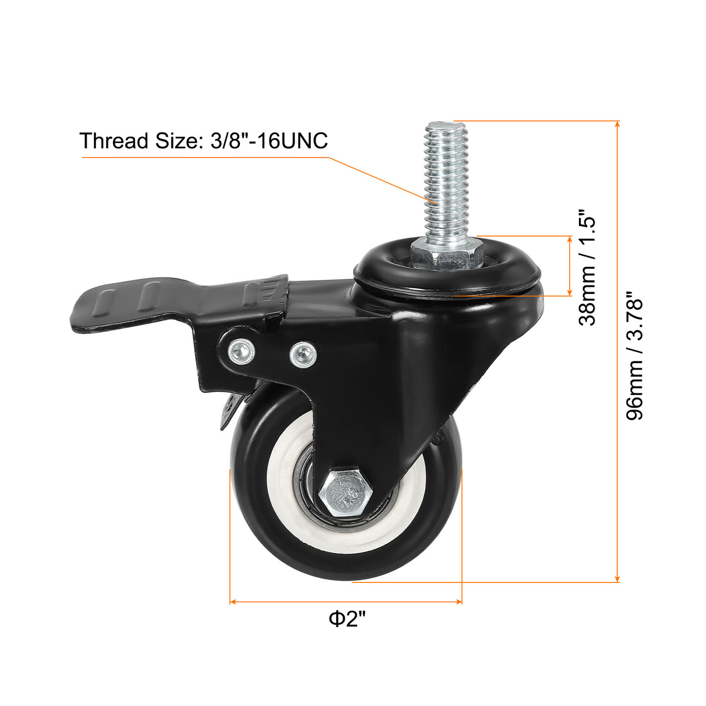 uxcell Uxcell 2 Inch Swivel Threaded Stem Casters 3/8"-16UNC Thread PU Caster Wheel with Brake 110lbs Load for Furniture Carts, Black 4pcs