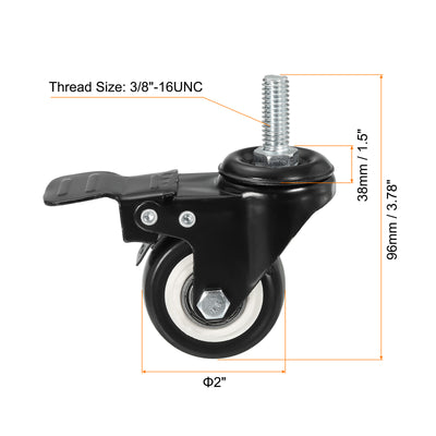 Harfington Uxcell 2 Inch Swivel Threaded Stem Casters 3/8"-16UNC Thread PU Caster Wheel with Brake 110lbs Load for Furniture Carts, Black 4pcs