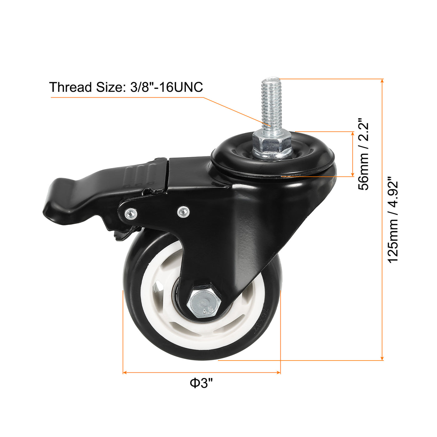 uxcell Uxcell 3 Inch Swivel Threaded Stem Casters 3/8"-16UNC Thread PU Caster Wheel with Brake 88lbs Load for Furniture Carts, Black 4pcs