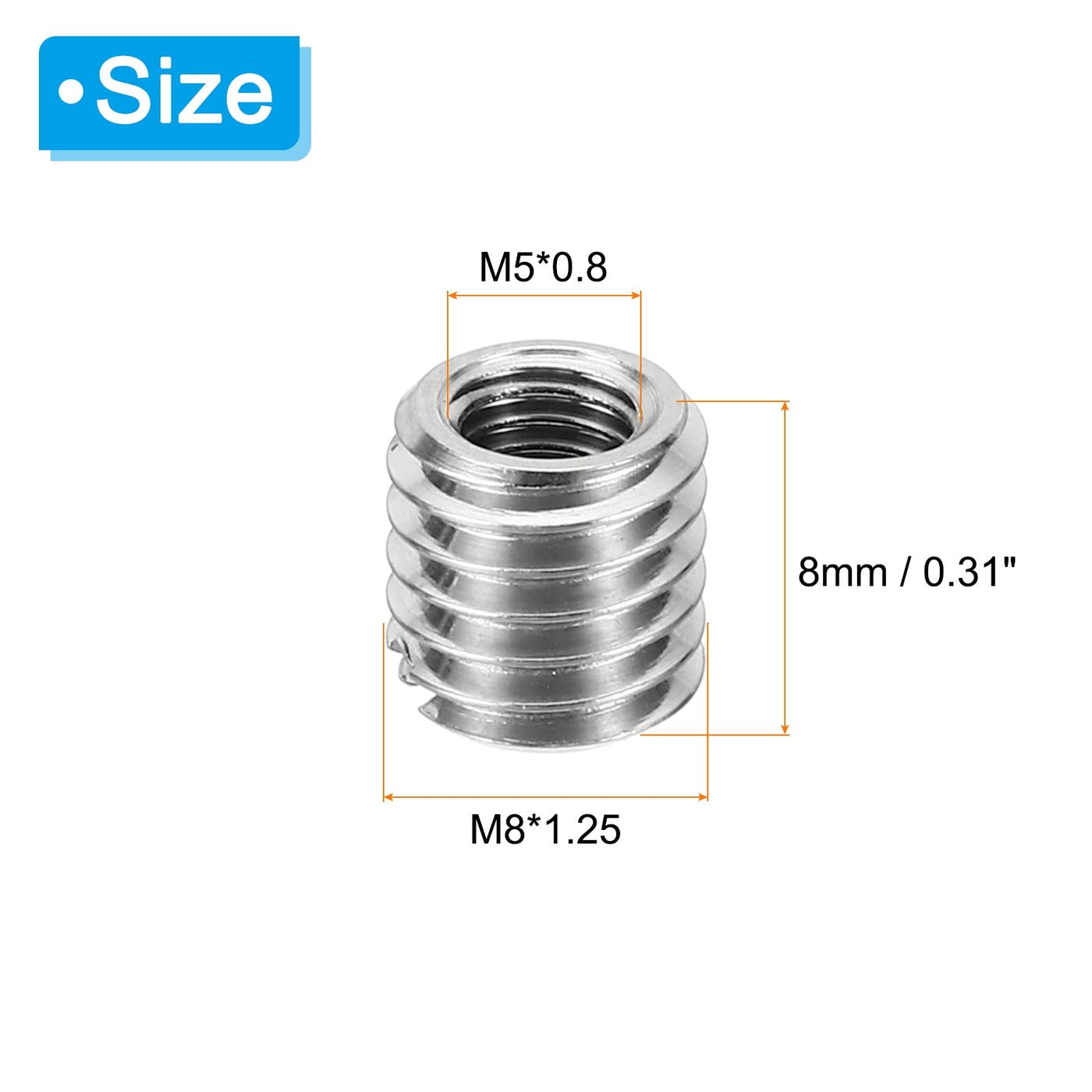 Harfington Thread Adapters Sleeve Reducing Nut, 10 Pcs M8*1.25 Male to M5*0.8 Female Repairing Insert Nut Screw Reducer Conversion Stainless Steel Fastener 8mm