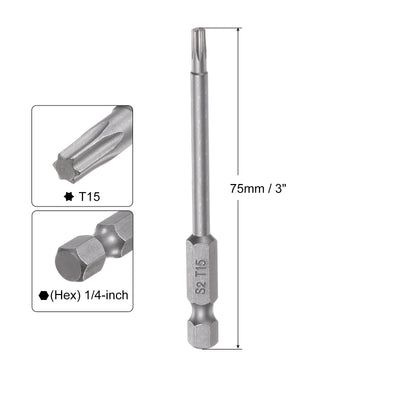 Harfington Uxcell 15Pcs T15 Torx Head Screwdriver Bit S2 Steel Screw Drive Bit 3" Long