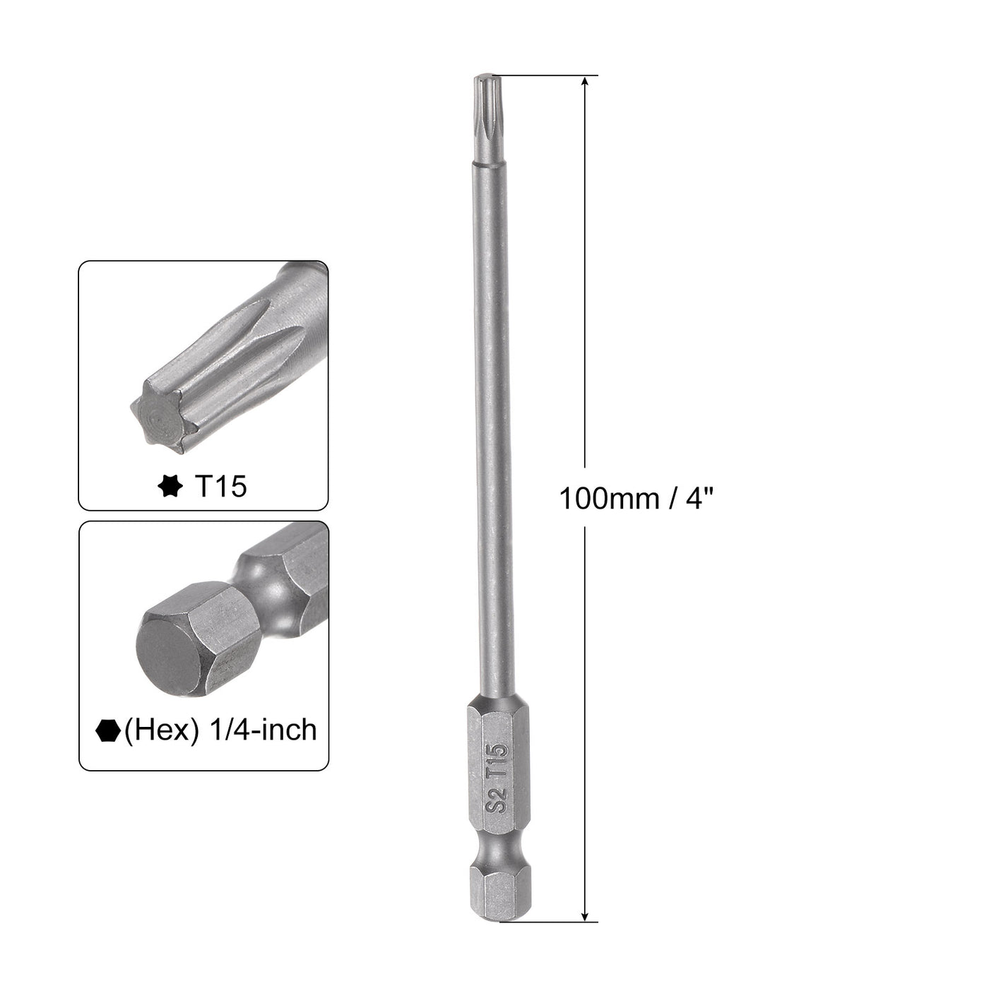 uxcell Uxcell 15Pcs T15 Torx Head Screwdriver Bit S2 Steel Magnetic Screw Drive Drill Bit 4" Long 1/4 Inch Hex Shank