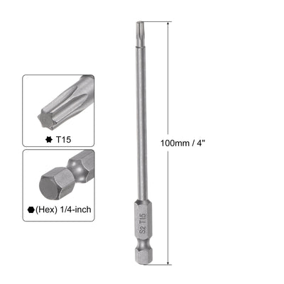 Harfington Uxcell 15Pcs T15 Torx Head Screwdriver Bit S2 Steel Magnetic Screw Drive Drill Bit 4" Long 1/4 Inch Hex Shank