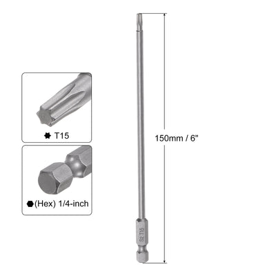 Harfington Uxcell 15Pcs T15 Torx Head Screwdriver Bit S2 Steel Magnetic Screw Drive Drill Bit 6" Long 1/4 Inch Hex Shank