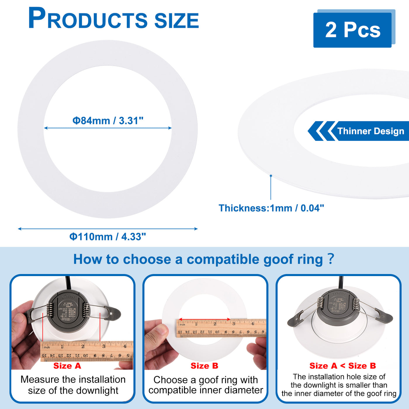 Harfington 3.31" ID 4.33" AD Bummelringe für Deckenleuchte 2 Packung Glanz Weiß Scheinwerfer Ring Beleuchtung für Decke Wand Einbaudose Deckenlampen