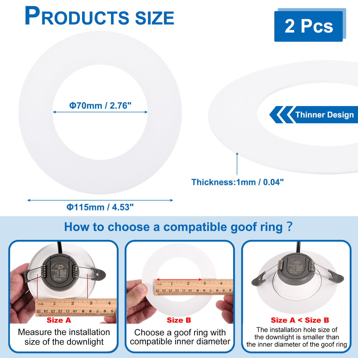 Harfington 2.76" ID 4.53" AD Bummelringe für Deckenleuchte 2 Packung Glanz Weiß Scheinwerfer Ring Beleuchtung für Decke Wand Einbaudose Deckenlampen