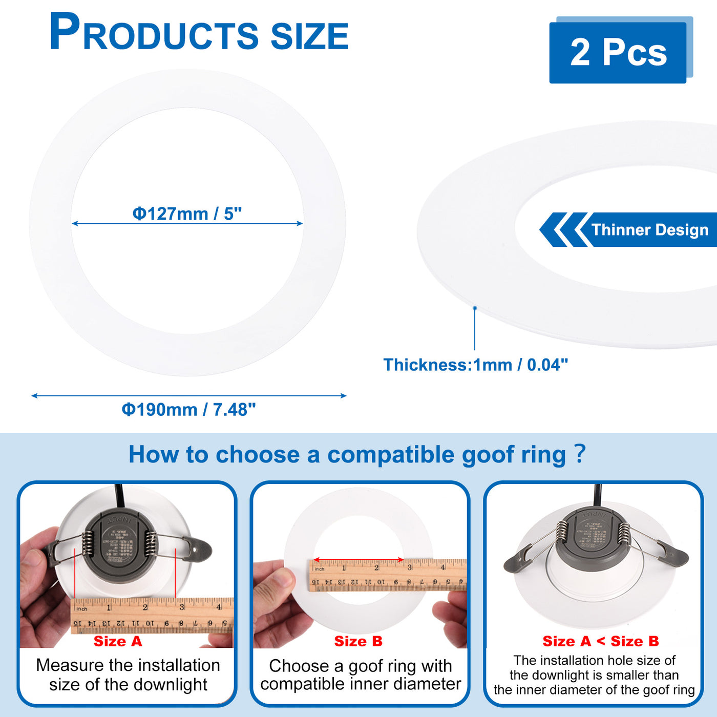 Harfington 5" ID 7.48" AD Bummelringe für Deckenleuchte 2 Packung Glanz Weiß Scheinwerfer Ring Beleuchtung für Decke Wand Einbaudose Deckenlampen