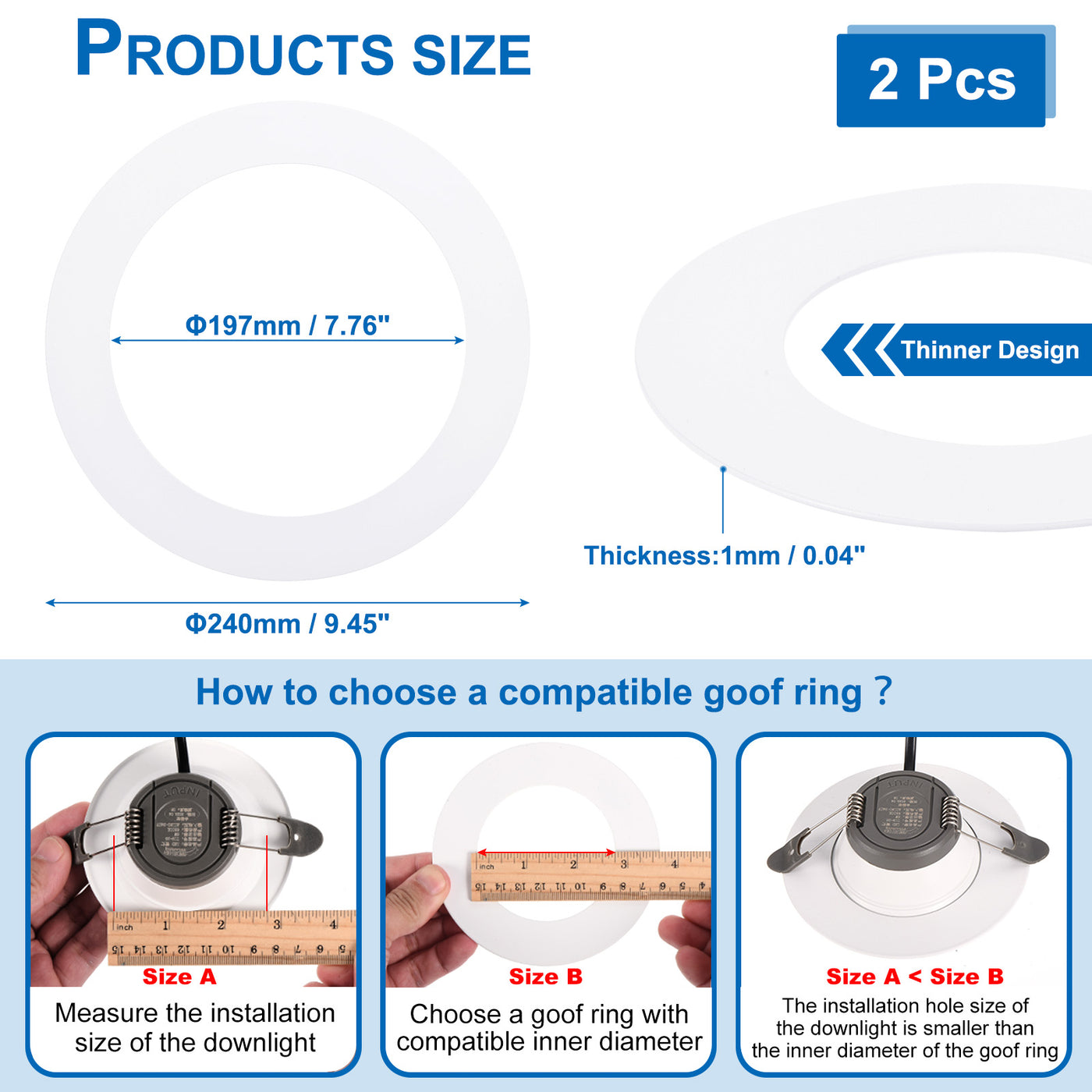 Harfington 7.76" ID 9.45" AD Bummelringe für Deckenleuchte 2 Packung Glanz Weiß Scheinwerfer Ring Beleuchtung für Decke Wand Einbaudose Deckenlampen