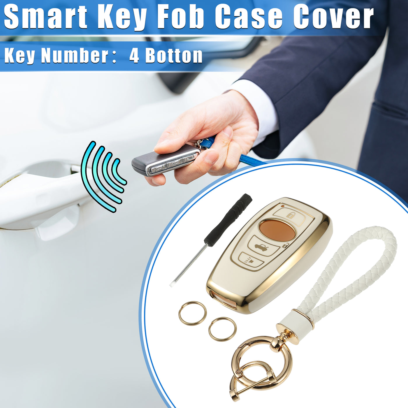 VekAuto Key Fob Cover Kit Compatible for Subaru Forester 2016-2018, 4 Button Soft TPU White Remote Keyless Smart Key Fob Case Protection Shell with Keychain