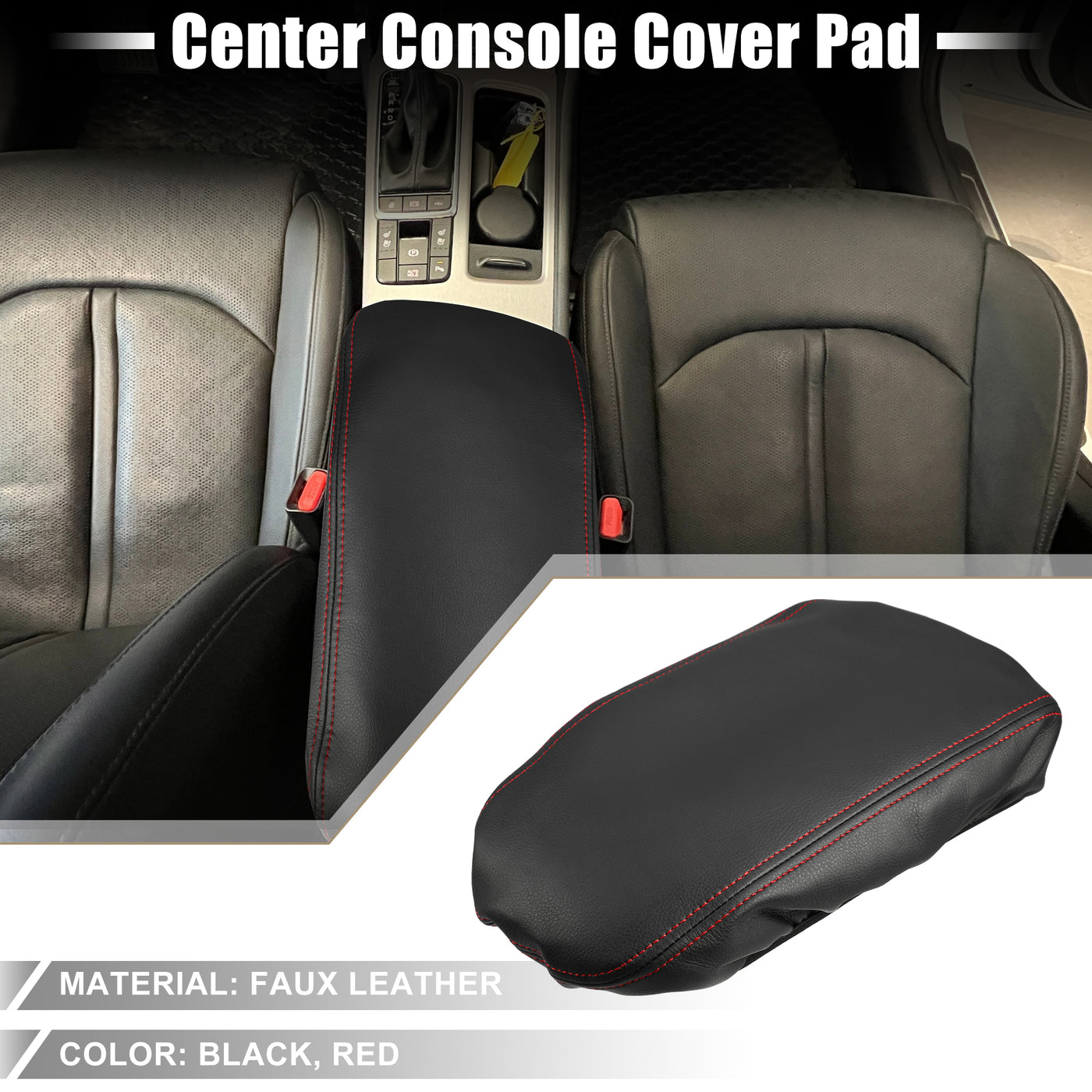 A ABSOPRO Car Seat Armrest Cover Interior Protective Lid Storage Covers Trim for Kia Optima 2016-2020 Faux Leather Black Red Stitches