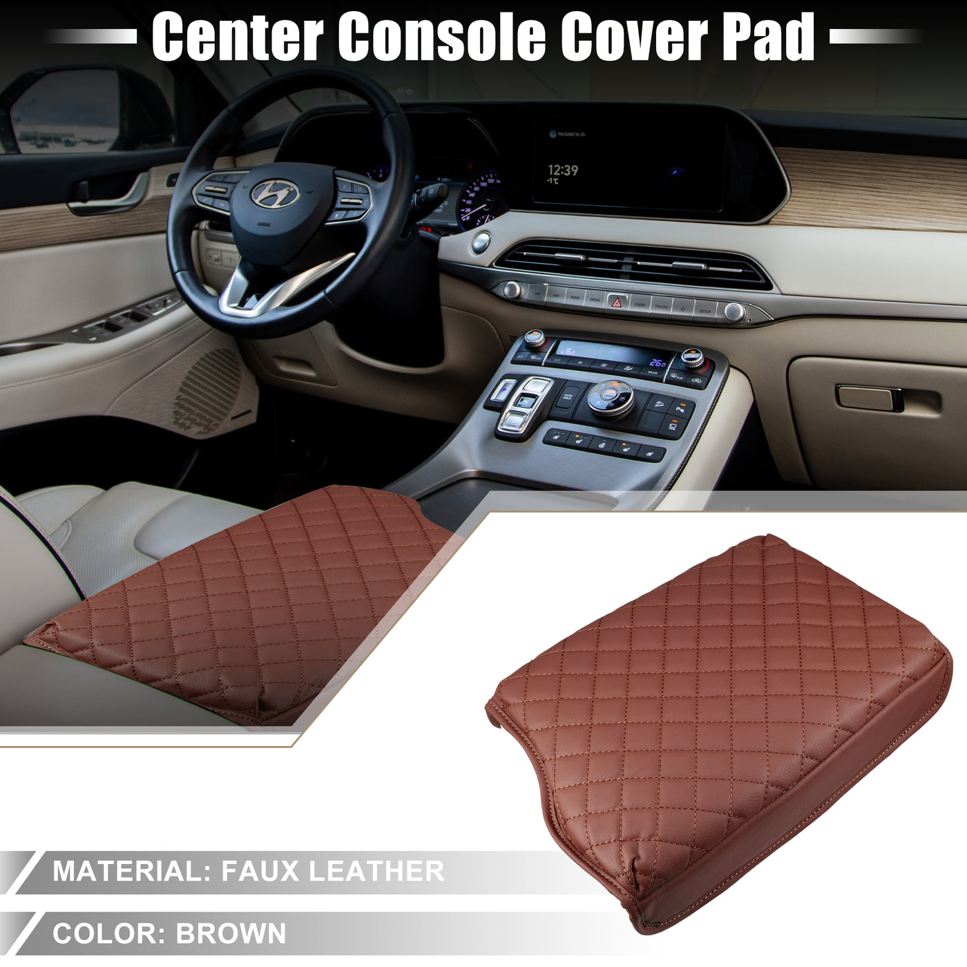 A ABSOPRO Car Seat Armrest Cover Interior Protective Lid Storage Covers Trim for Hyundai Palisade 2020-2023 Faux Leather Brown