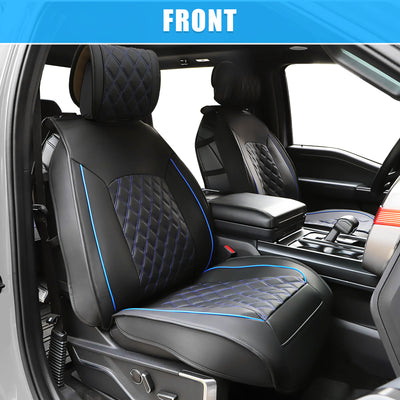 Harfington Uxcell Front Seat Cover for Ford F150 2009-2014 for Ford F-150 2015-2018 2019-2023 Seat Protectors Pad Waterproof Faux Leather Pickup Cover Black Blue 2 Pcs