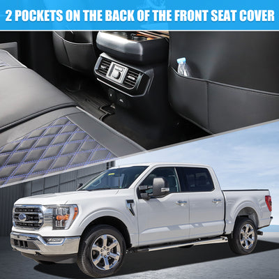 Harfington Uxcell Front Seat Cover for Ford F150 2009-2014 for Ford F-150 2015-2018 2019-2023 Seat Protectors Pad Waterproof Faux Leather Pickup Cover Black Blue 2 Pcs