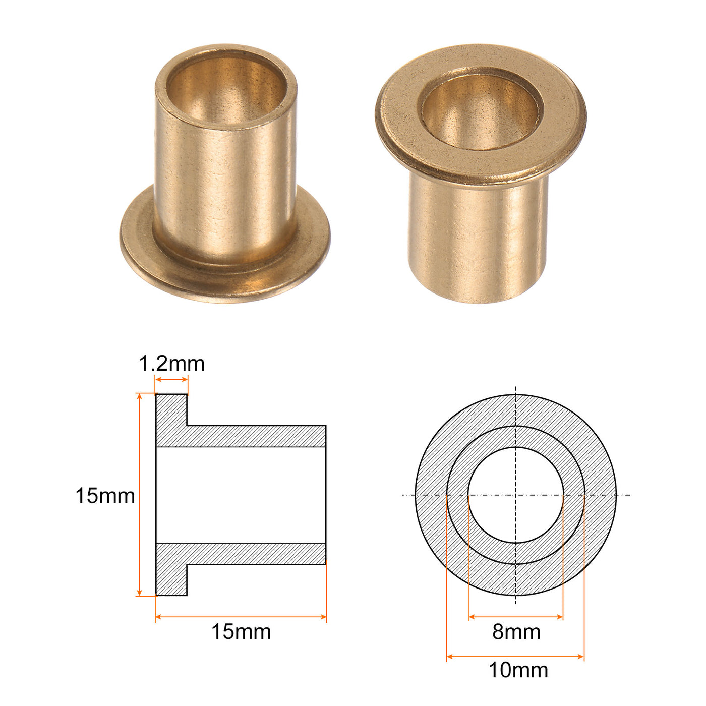 Harfington 2pcs Flange Bearing Sleeve 8mm x 10mm x 15mm Bronze Self Lubricating Bushings