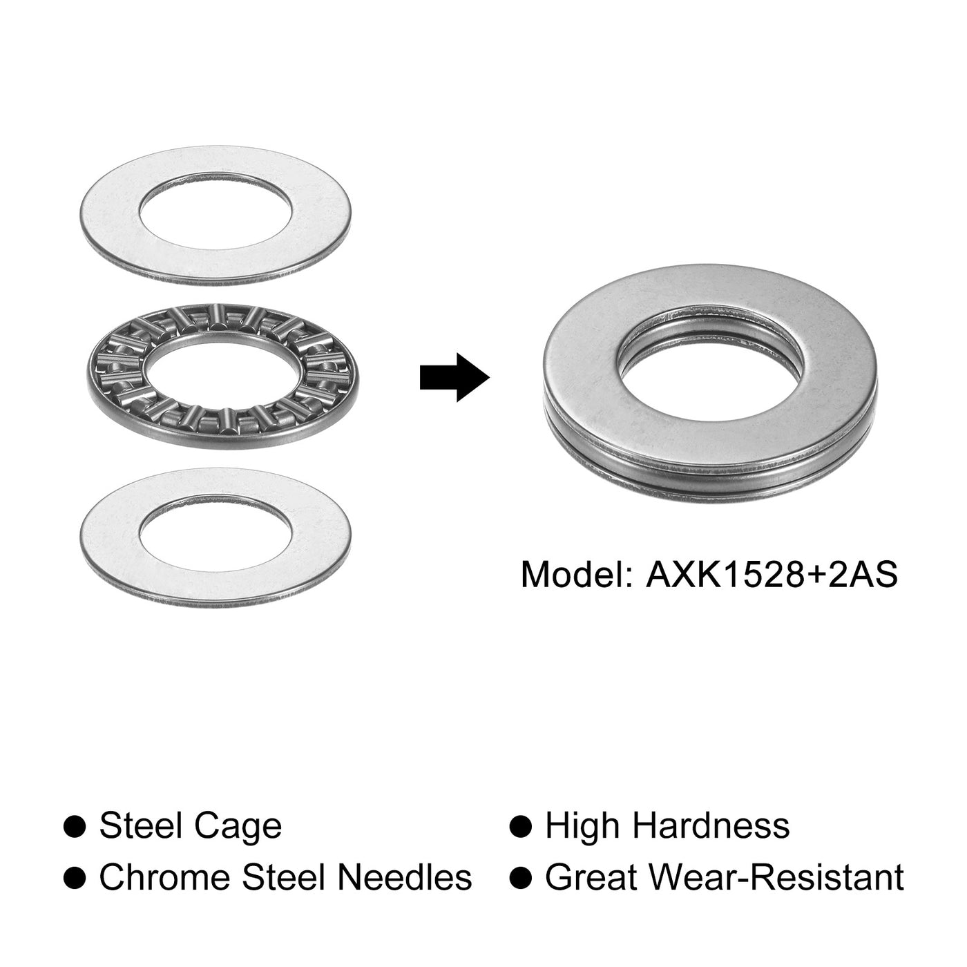 uxcell Uxcell AXK1528 Axial-Nadellager mit Unterlegscheiben 15mm Bohrung 28mm Außendurchmesser 2mm Breite 10 Stück