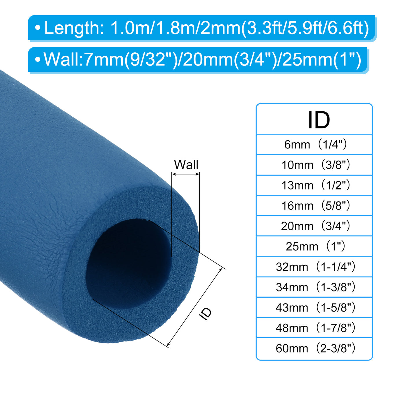 Harfington Rohrisolierung 3,28 ft lang, 1-5/16" (34 mm) ID, 20 mm Dicke, Gummischaum Winter-Frostschutzschlauch, schwer entflammbar, für Wasser, Klimaanlagen, Industrierohre, blau