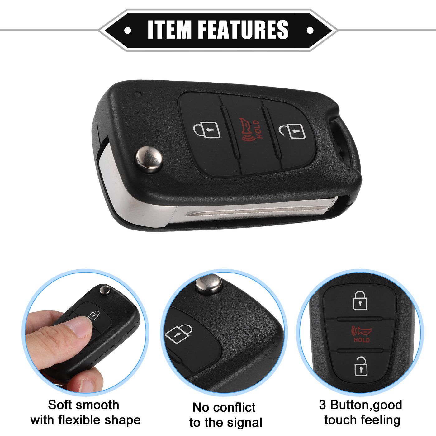 VekAuto 3 Button Keyless Entry Remote Key Shell Cover Compatible for Hyundai Sonata Elantra Sedan Veloster, Durable Black Key Shell with Blade No Chip