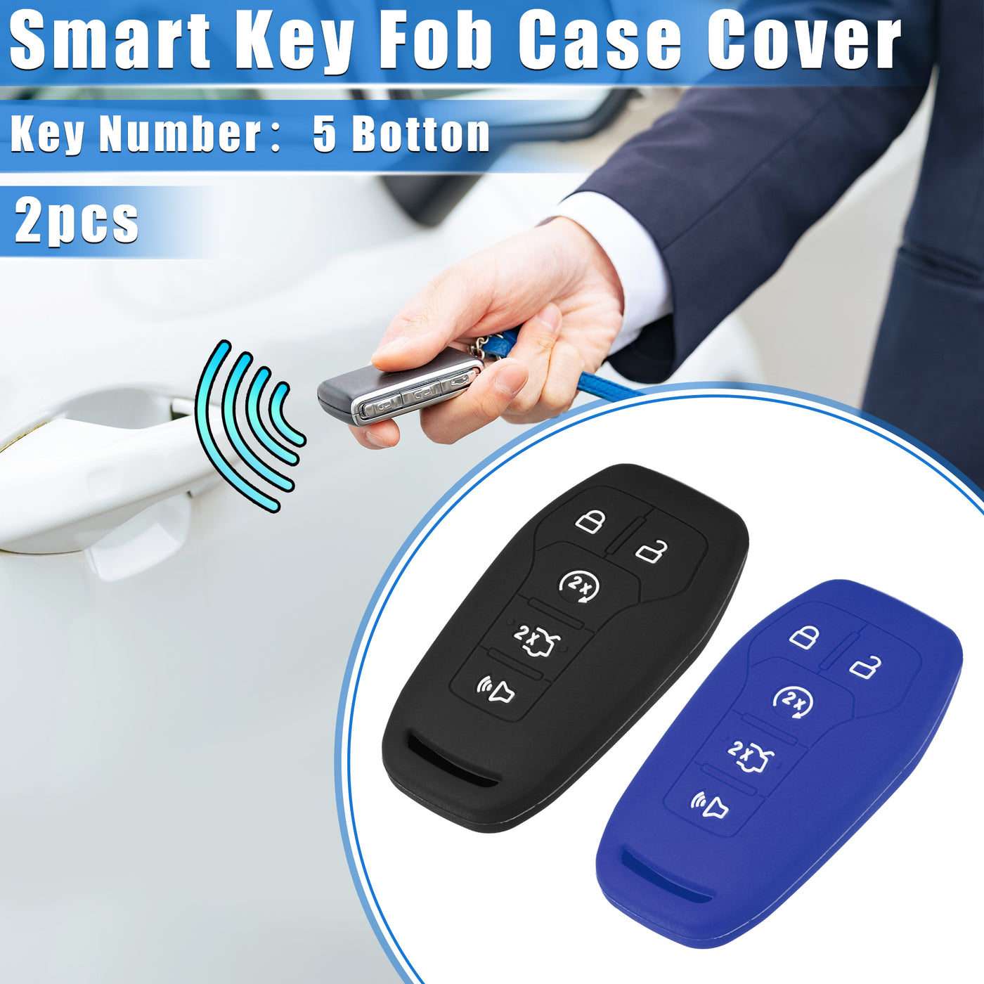 VekAuto 2 Pcs Key Fob Cover Compatible for Ford Fusion 2013-2016, 5 Button Fashion Soft TPU Black Blue Remote Keyless Smart Key Fob Case Protection Shell