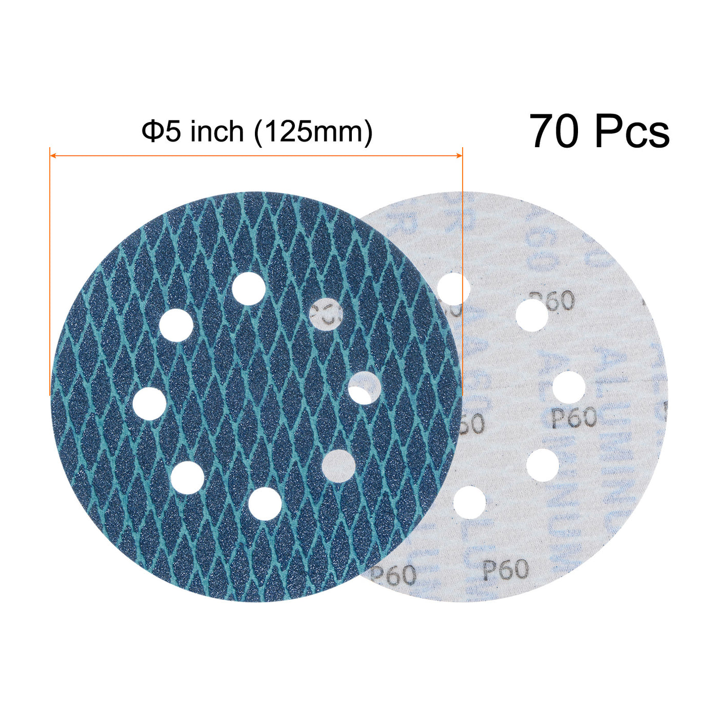 Harfington 70Stk Diamant Form Schleifscheiben 5" 60 Korn Klettverschluss Blau Rhombus Papier Glasierte Fischschuppe 8 Loch Schleifscheiben Nass und Trocken Poliert