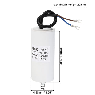 Harfington CBB60 55uf Laufkondensator, AC 450V U-Klemmenkabel 50/60Hz Zylinderboden mit M8-Schraube für Waschmaschine, Reinigungsmaschine, Pumpenmotor Star