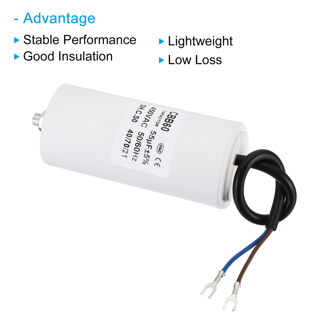 Harfington CBB60 55uf Laufkondensator, AC 450V U-Klemmenkabel 50/60Hz Zylinderboden mit M8-Schraube für Waschmaschine, Reinigungsmaschine, Pumpenmotor Star