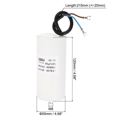 Harfington CBB60 80uf Running Capacitor,AC 450V U Terminal Wires 50/60Hz with M8 Screw