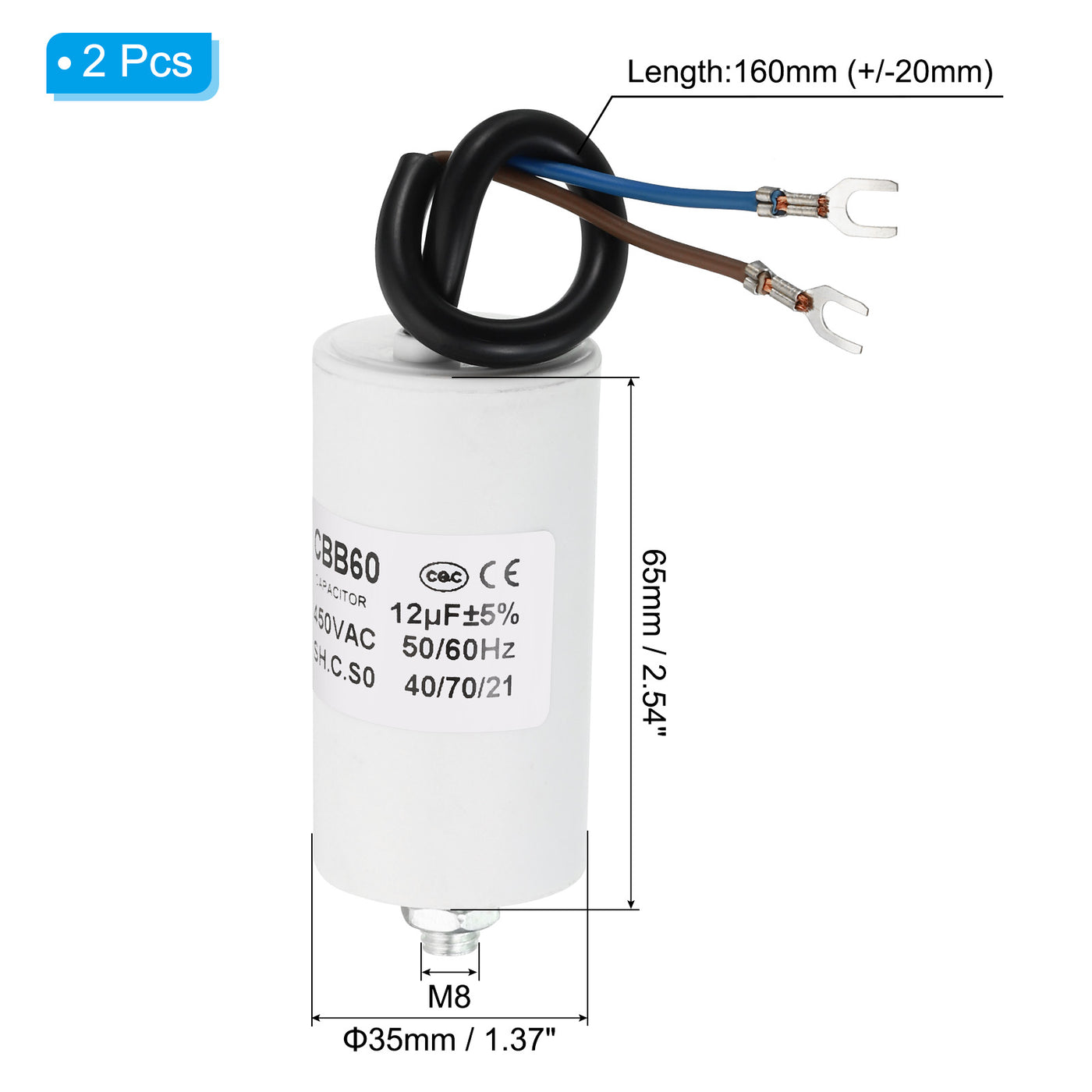 Harfington CBB60 12uf Running Capacitor,2Pcs AC450V U Terminal Wires 50/60Hz with M8 Screw