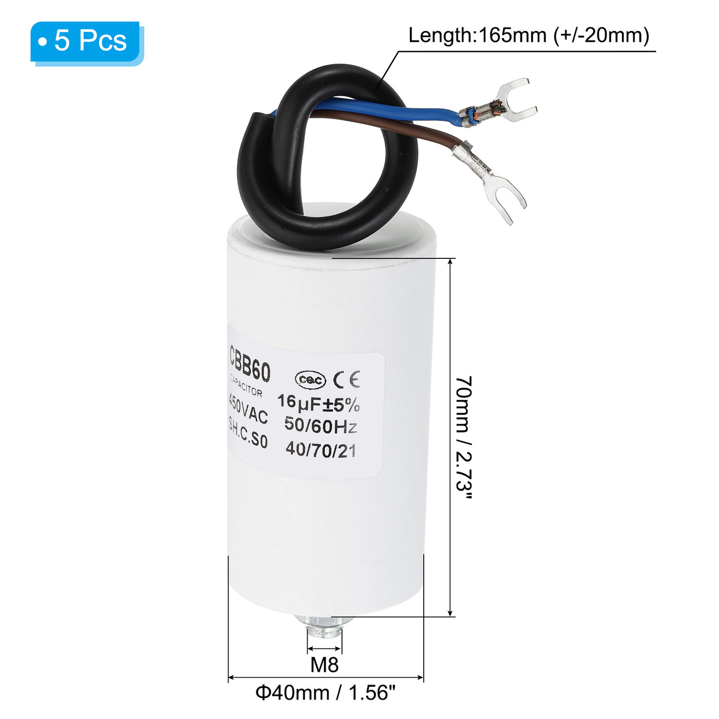 Harfington CBB60 16uf Laufkondensator, 5 Stück AC 450V U-Klemmenkabel 50/60Hz Zylinderboden mit M8-Schraube für Waschmaschine, Reinigungsmaschine, Pumpenmotor Star