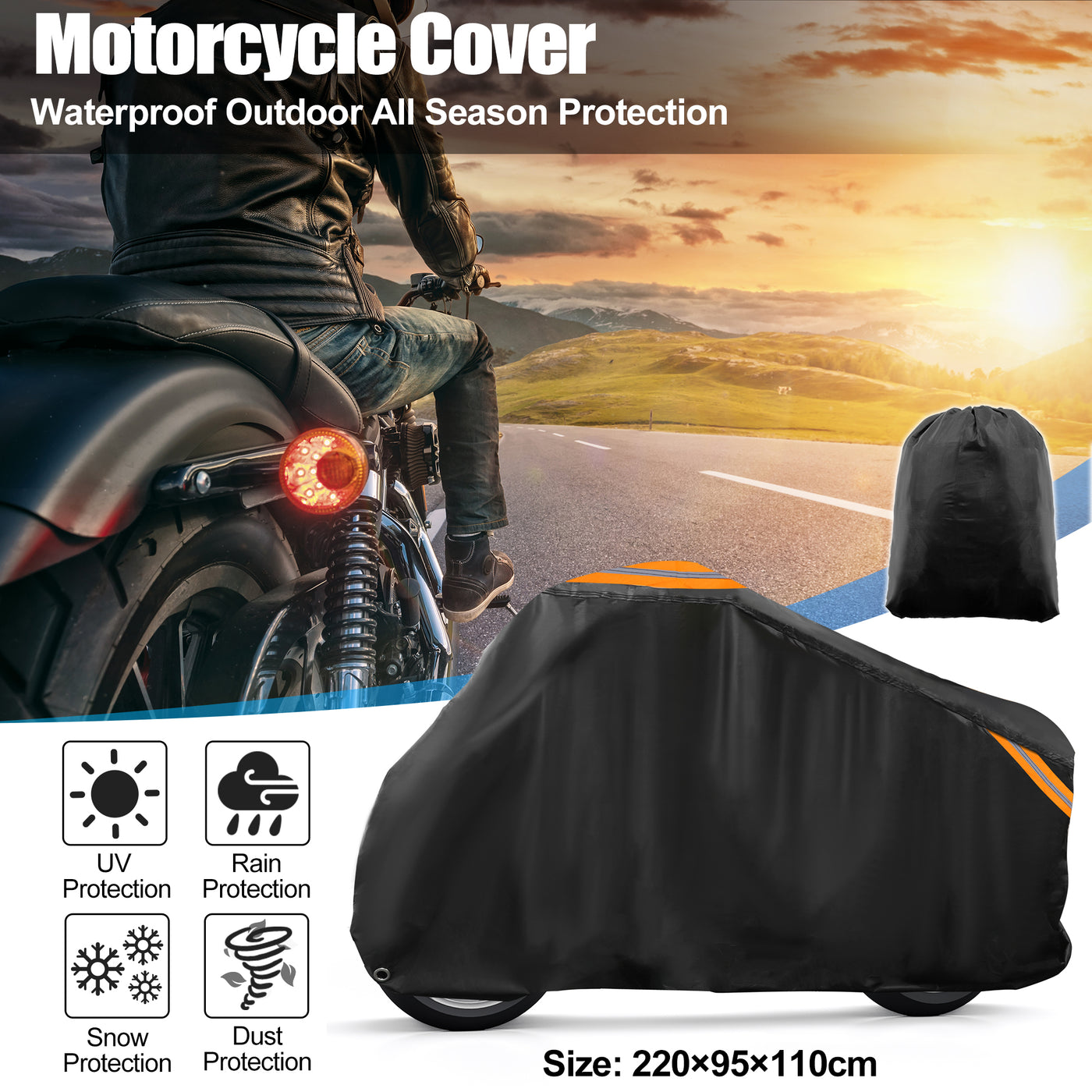 uxcell Uxcell Motorradabdeckung wasserdichter Sonnenschutz im Freien, passend für Motorräder bis zu 86,6 Zoll, Fahrzeugabdeckung für Kawasaki EX Ninja 250 650 GSXR 600 750 Roller Schwarz