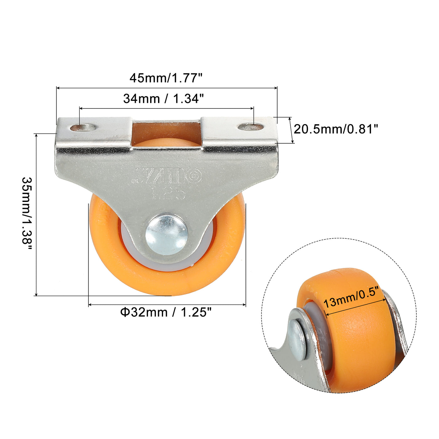 Harfington Mini Fixed Caster Wheel 1.25", 4pcs MPA Rigid Roller with Bearing Screws, Orange