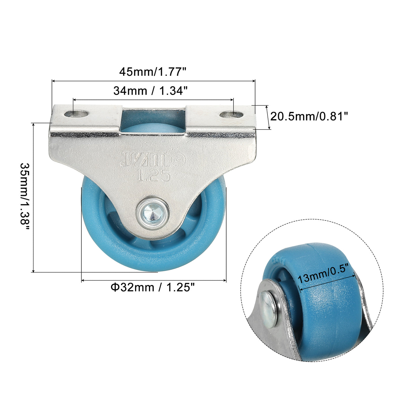 Harfington Mini Fixed Caster Wheel 1.25", 8 Pack PA Rigid Roller with Screws, Blue